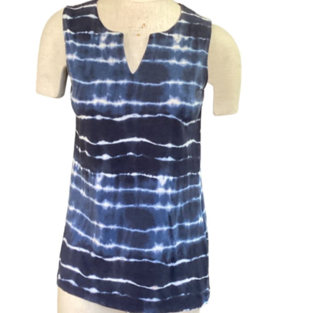 Jones New York M Blue‎ White Tie Dye Stripe Sleeveless Tunic Tank Top 179E